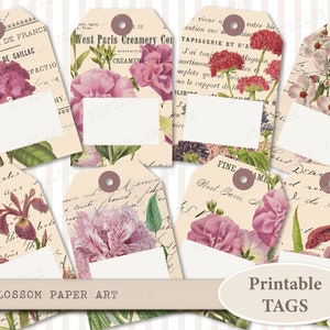 Printable Tags Digital Ephemera Collage Sheet, Journaling tags, Junk Journal, Floral Digital Download - 2245