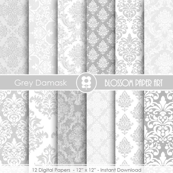 Carta digitale grigia, Carta damaschera, Scrapbooking, Damask Papers, Sfondi, Textures - INSTANT DOWNLOAD - 1907