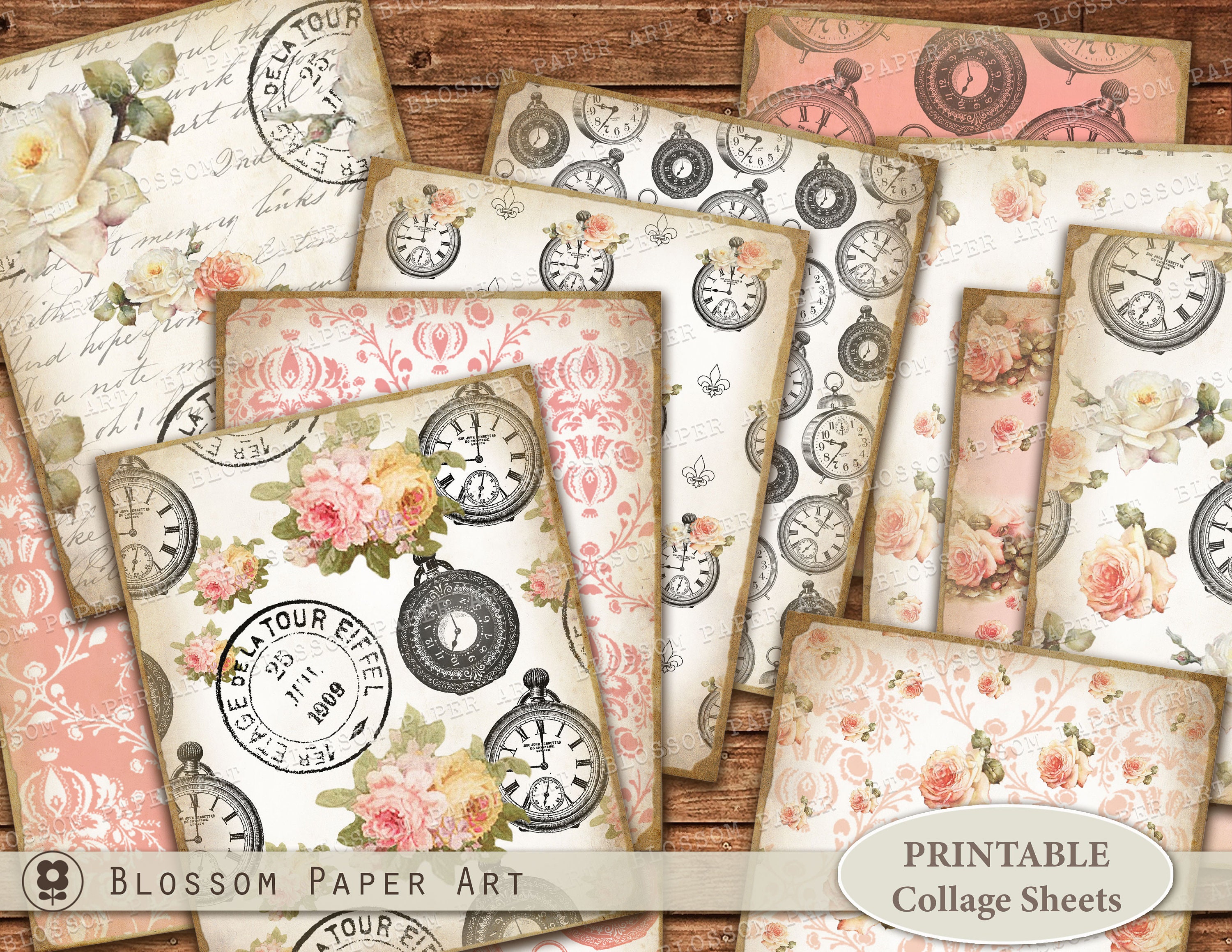 コラージュジャーナル*『』 ヴィンテージフラワーデジタルペーパー：ジャンクジャーナル用