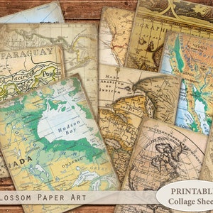 Vintage Junk Journal Collage Sheet, Landkarten, Journaling Karten, Scrapbooking, Instant Download 2303