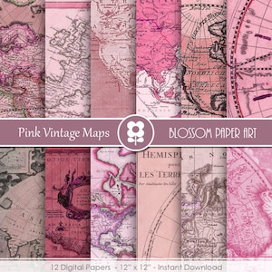 Mapas Papel Digital, Mapas Antigos Rosa, Mapas Antigos, Pacote de Papel Digital Mapas Vintage Mapas Antigos Scrapbooking - DOWNLOAD INSTANTÂNEO - 1982