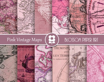 May include: Twelve digital papers featuring vintage maps in pink and white with text in French and English. The papers are 12 inches by 12 inches.