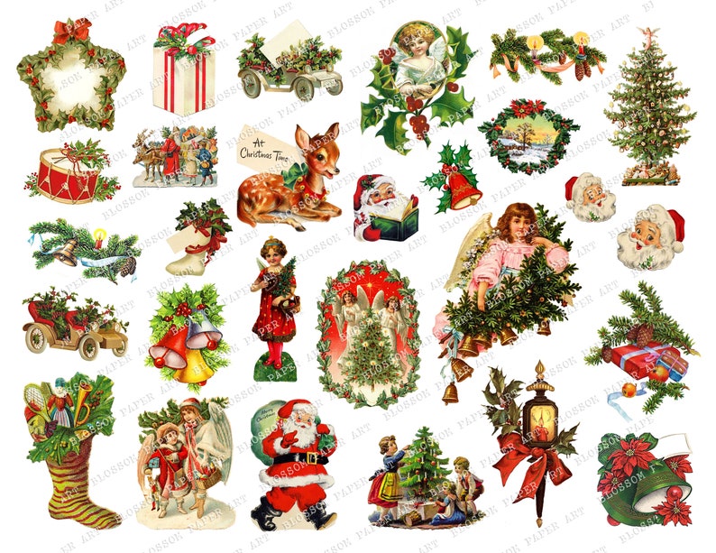 Puede incluir: Una colecci&oacute;n de ilustraciones vintage con tem&aacute;tica navide&ntilde;a. Las im&aacute;genes incluyen a Pap&aacute; Noel, &aacute;ngeles, un ciervo, &aacute;rboles de Navidad, campanas y cajas de regalo. La paleta de colores presenta acentos rojos, verdes y dorados, sobre un fondo blanco.