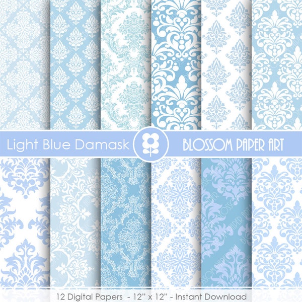 Light Blue Damask Digital Paper Light Blue Digital Paper Pack, Scrapbooking, Damask Papers - INSTANT DOWNLOAD  - 1906