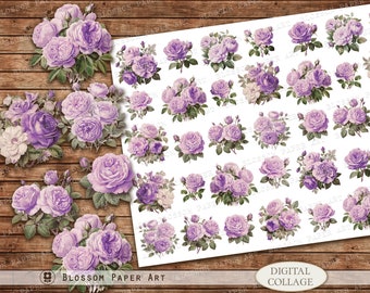 Printable Roses, Purple Floral Collage Sheet, Junk Journal Rose Images, Decoupage Flowers, Digital Download, Lilac Decoupage Printable 2980