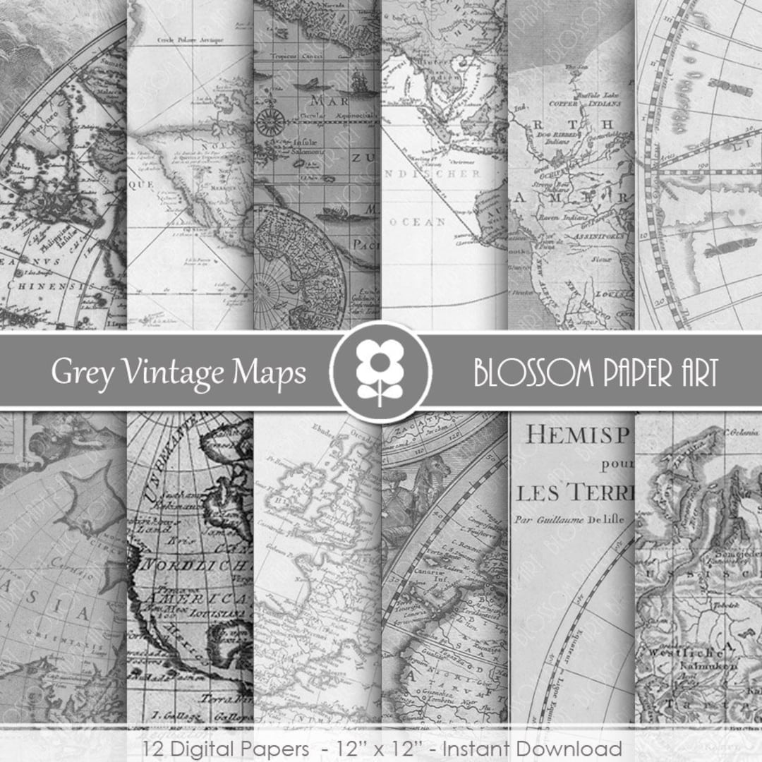 Grey Paper Map Vintage Grey Maps Digital Paper Pack: Scrapbooking (instant Download ...