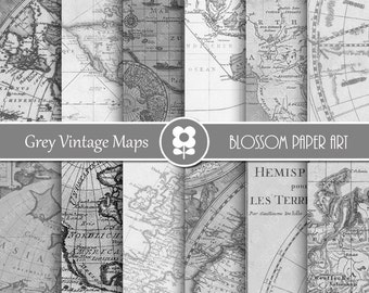 Vintage Maps Digital Paper, Grey Maps Digital Paper Pack, Old Maps Vintage Wedding Scrapbooking - INSTANT DOWNLOAD - 1981