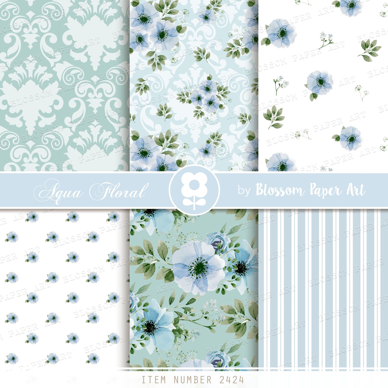 Light Blue Floral Digital Paper Pack: Scrapbook Collage (digital ...