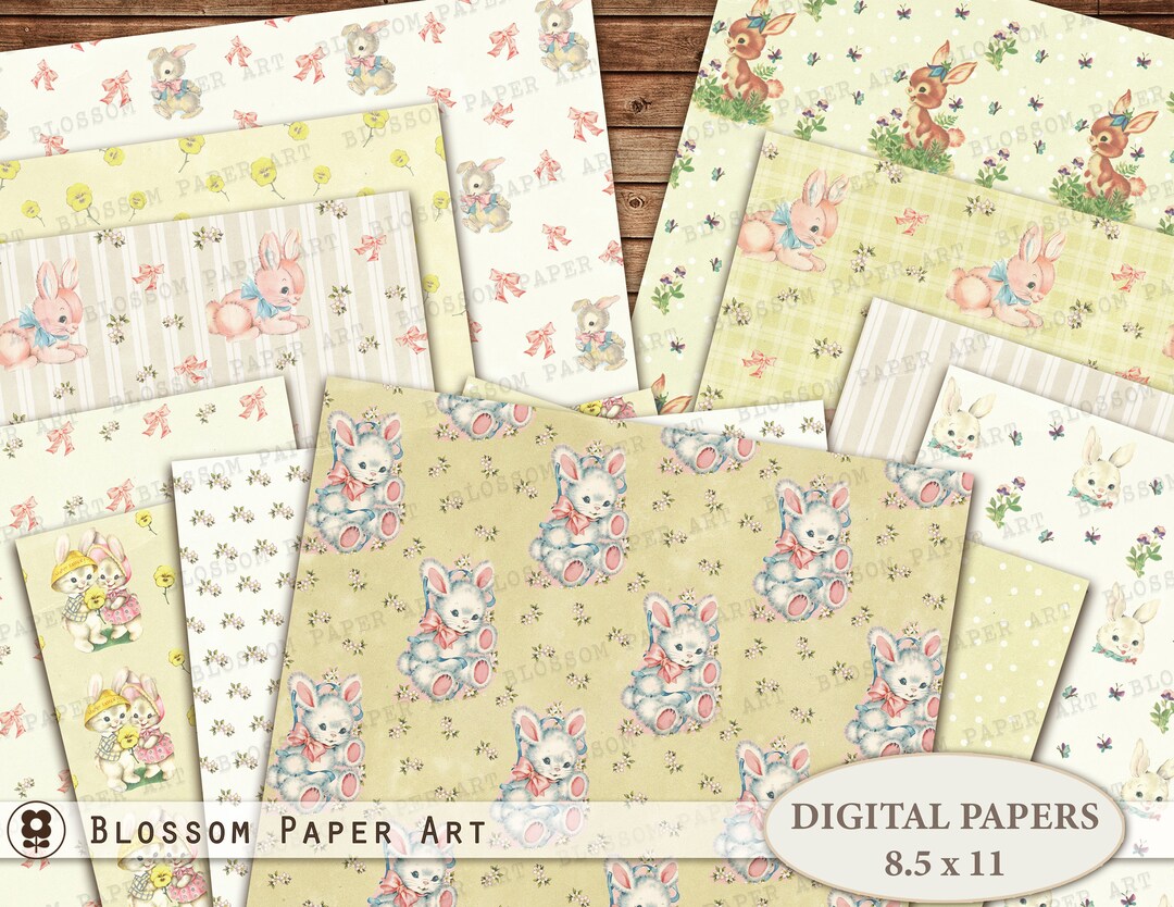 Bunny Digital Paper, Nursery Retro Animals Scrapbook Paper, Bunnies