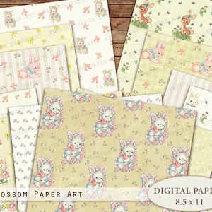 Coniglietto carta digitale, vivaio retrò animali Scrapbook Paper, coniglietti Collage foglio, Junk Journal Baby Ephemera Download digitale 2779