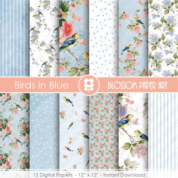 Blue Birds Digital Paper Pack: Vintage Scrapbook (Instant Download) - 1937