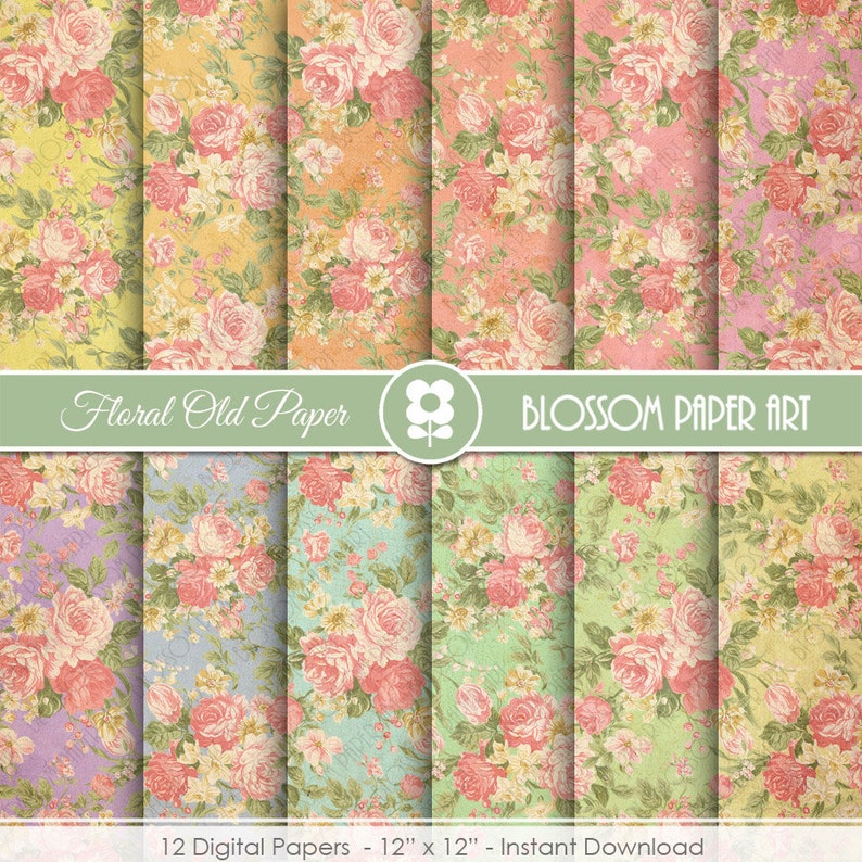 May include: Twelve digital papers featuring a vintage floral pattern in various pastel colors. Each paper is 12 inches by 12 inches. The papers are titled "Floral Old Paper" and "Blossom Paper Art".