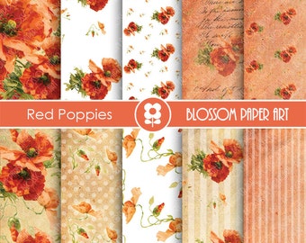 Digital Paper, Poppies Digital Paper Pack, Red Floral Collage Sheet, Digital Scrapbooking Pack - Decoupage - 1638