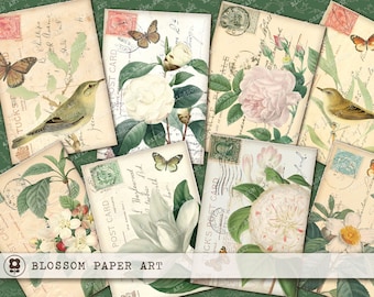 Vintage Floral Postcard Collage Sheet: Scrapbook & Journaling (Digital Download)