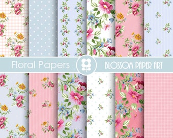 Shabby Chic Digital Paper Pack, Blue and Pink Floral digital backgrounds, Cottage Papers, Floral Digital Paper, Wedding Papers - 1668