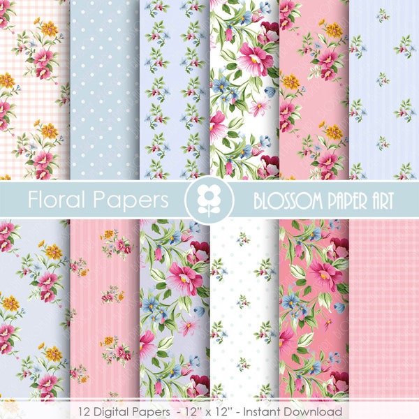 Shabby Chic Digital Paper Pack, Blue and Pink Floral digital backgrounds, Cottage Papers, Floral Digital Paper, Wedding Papers - 1668