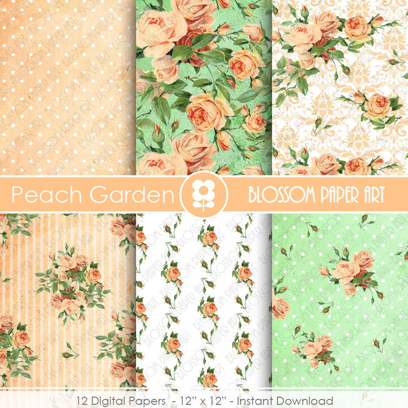 Puede incluir: Doce papeles digitales con rosas de color melocot&oacute;n sobre diferentes fondos, incluyendo lunares, rayas y patrones de damasco. Los papeles miden 30,5 cm por 30,5 cm y est&aacute;n disponibles para descarga instant&aacute;nea. El texto "Peach Garden" y "Blossom Paper Art" est&aacute; incluido en la imagen.