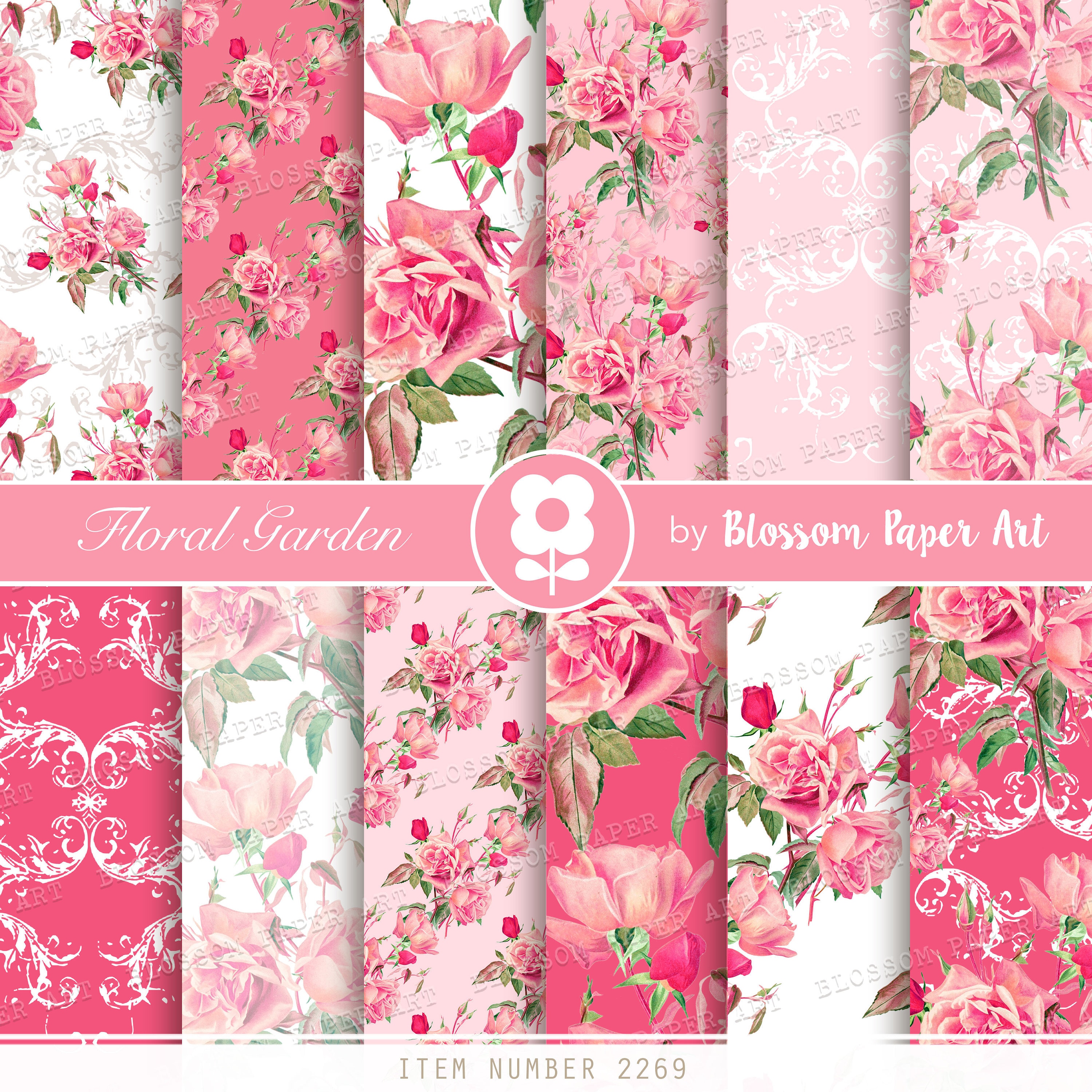 Pink Roses Digital Paper Pack: Shabby Chic Scrapbooking (digital ...