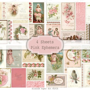 Rosa Ephemera, digitaler Download, Junk Journal Postkarten, Ephemera Pack, digitale Papiere, druckbare Vintage Bilder INSTANT DOWNLOAD 2934