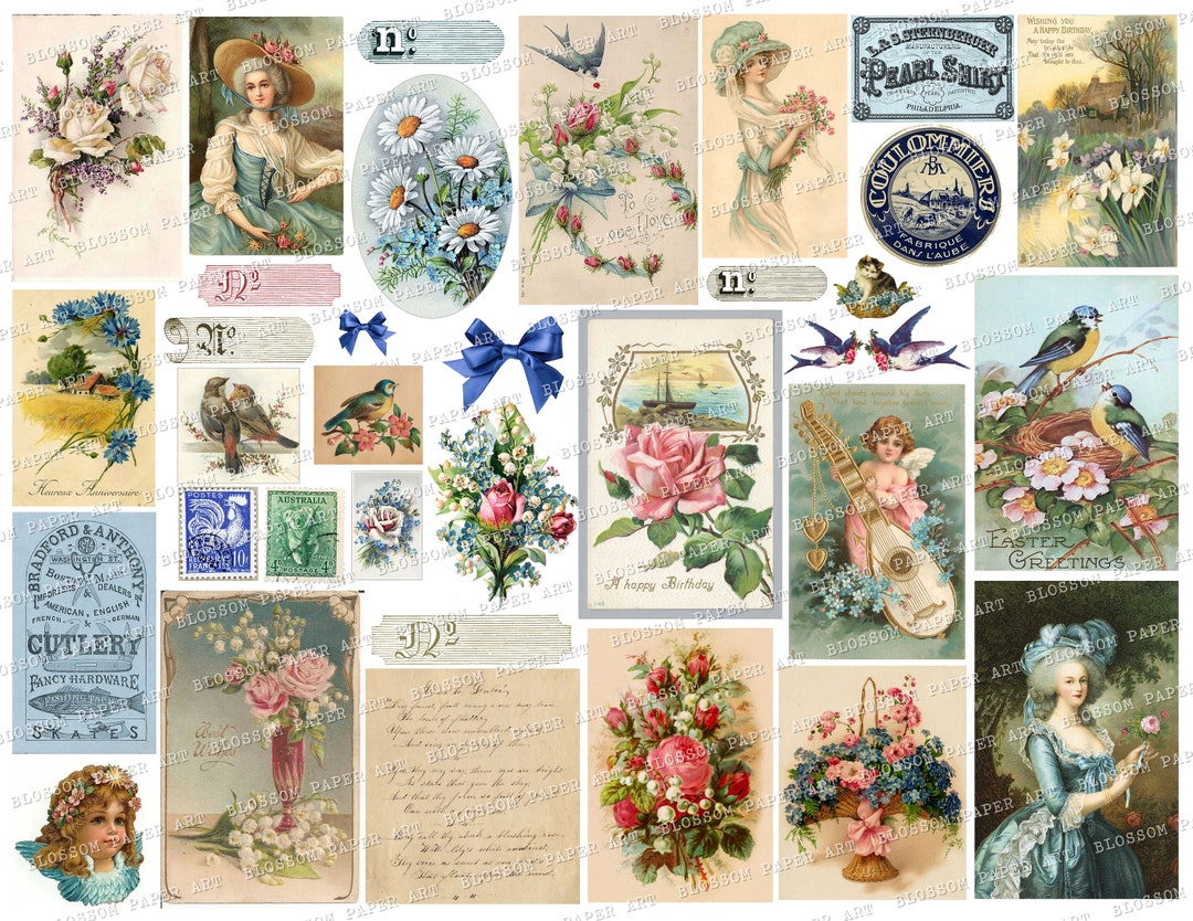 Vintage Ephemera Printable Collage Sheet FLORAL Vintage Postcards Blue 