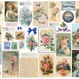 Jahrgang Ephemera druckbare Collage Blatt FLORAL Vintage Postkarten, blaue Ephemera, Zahlen, digitale Collage Blatt digitaler Download 2667
