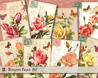 Biglietti floreali vintage: foglio collage stampabile per scrapbooking (download digitale)