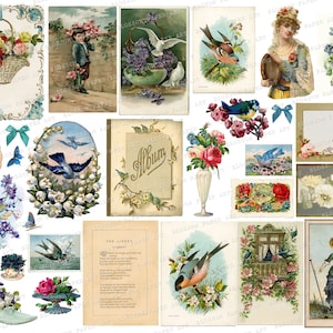 Blaue Ephemera für Junk Journal, Vintage Postkarten, Antike Illustrationen, Blaue Floral Collage Sheet, Digitaler Download 2448