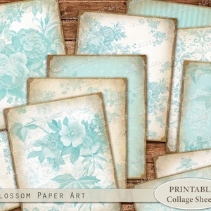 Light Blue Floral Digital Collage Paper: Vintage Scrapbook Ephemera (Digital Download)