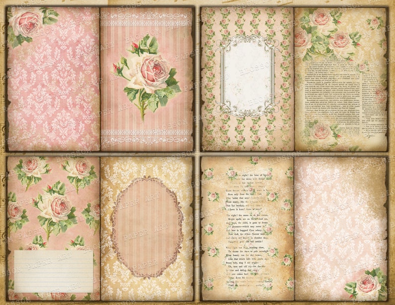 Journal Pages Vintage Roses Junk Journal Printable Sheets Etsy