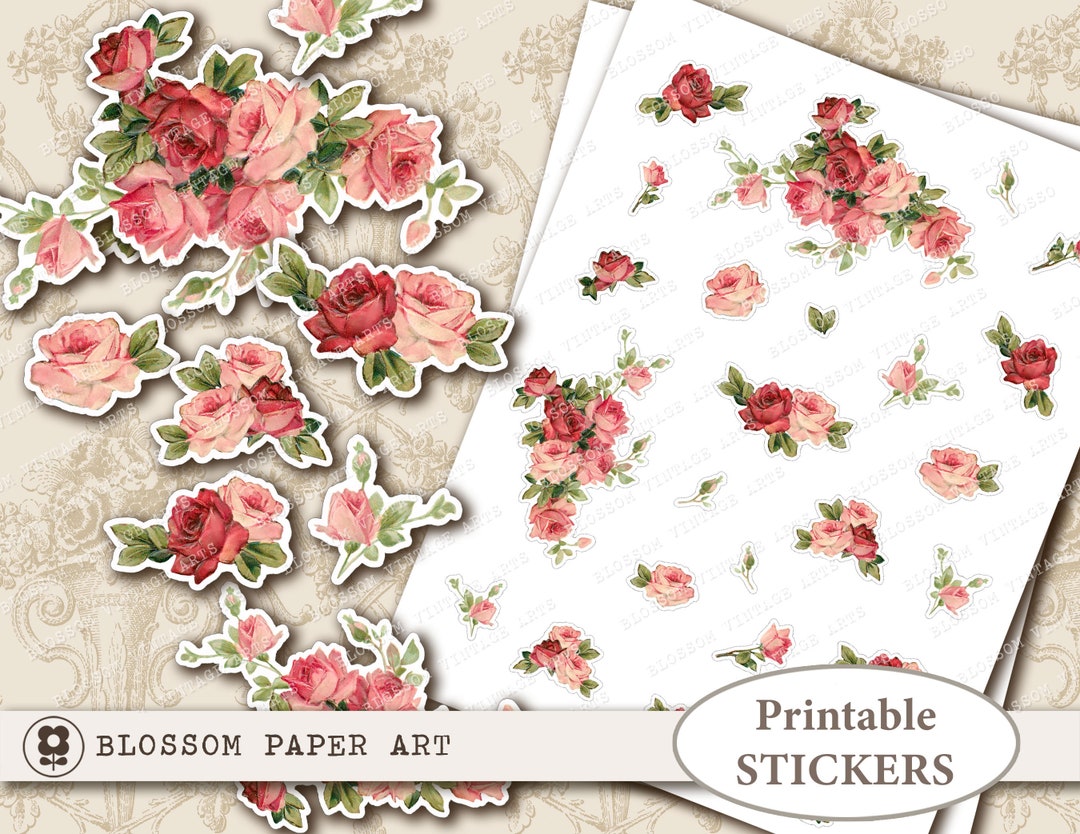 Printable Stickers VINTAGE ROSES Stickers Digital Collage, Floral ...