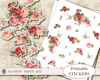 Printable Stickers VINTAGE ROSES Stickers Digital Collage, Floral Digital Download Collage Sheet  2662