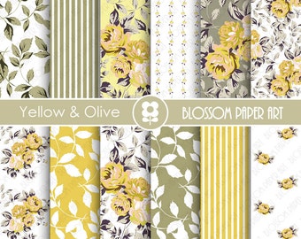 Yellow Digital Paper Wedding Paper Yellow Floral Paper Pack, Scrapbooking, Roses, Yellow Olive - INSTANT DOWNLOAD  - 1788