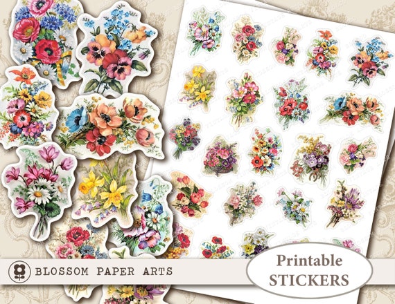 Vintage Floral Stickers: Printable Flower Bouquet Collage (Digital Download)