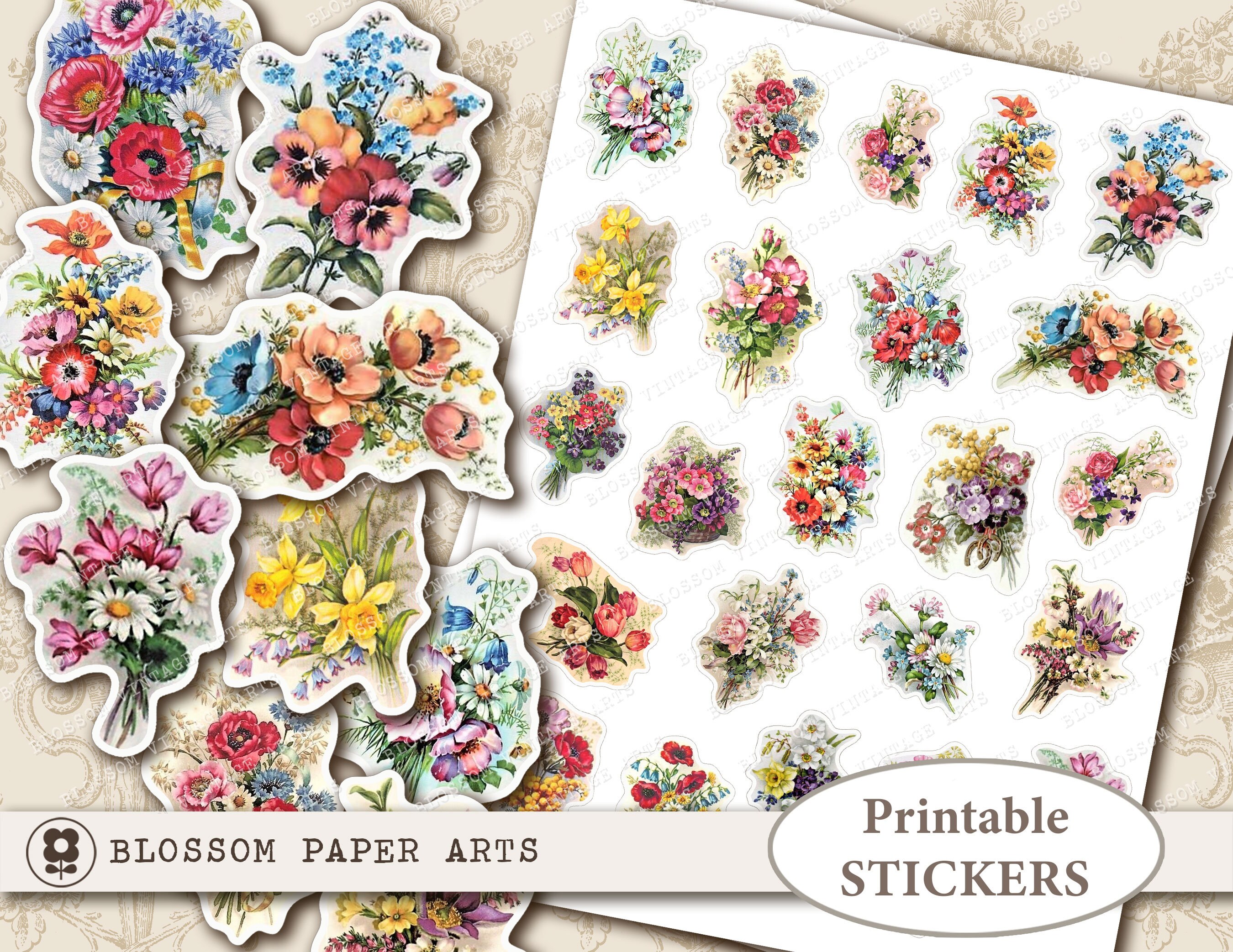 Printable Stickers Vintage Bunch of Flowers Floral Stickers Etsy