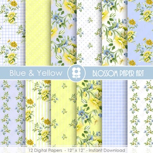 Carta digitale floreale, carta digitale floreale Pack, scrapbooking blu giallo, floreale, Rose-INSTANT DOWNLOAD-1943