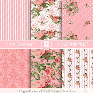 Pink Roses Digital Paper, Shabby Chic Pink Scrapbook Digital Paper Pack, Wedding Roses, Pink, Green INSTANT DOWNLOAD 1870 image 3