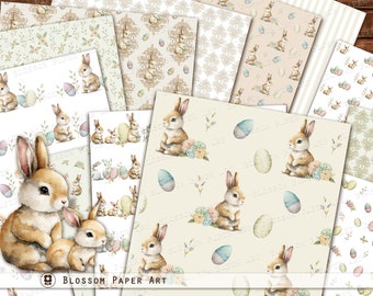 May include: A set of 10 digital papers featuring a watercolor illustration of bunnies and Easter eggs. The papers are in a variety of colors and patterns, including white, cream, light green, and light blue. The papers are perfect for scrapbooking, card making, and other craft projects.