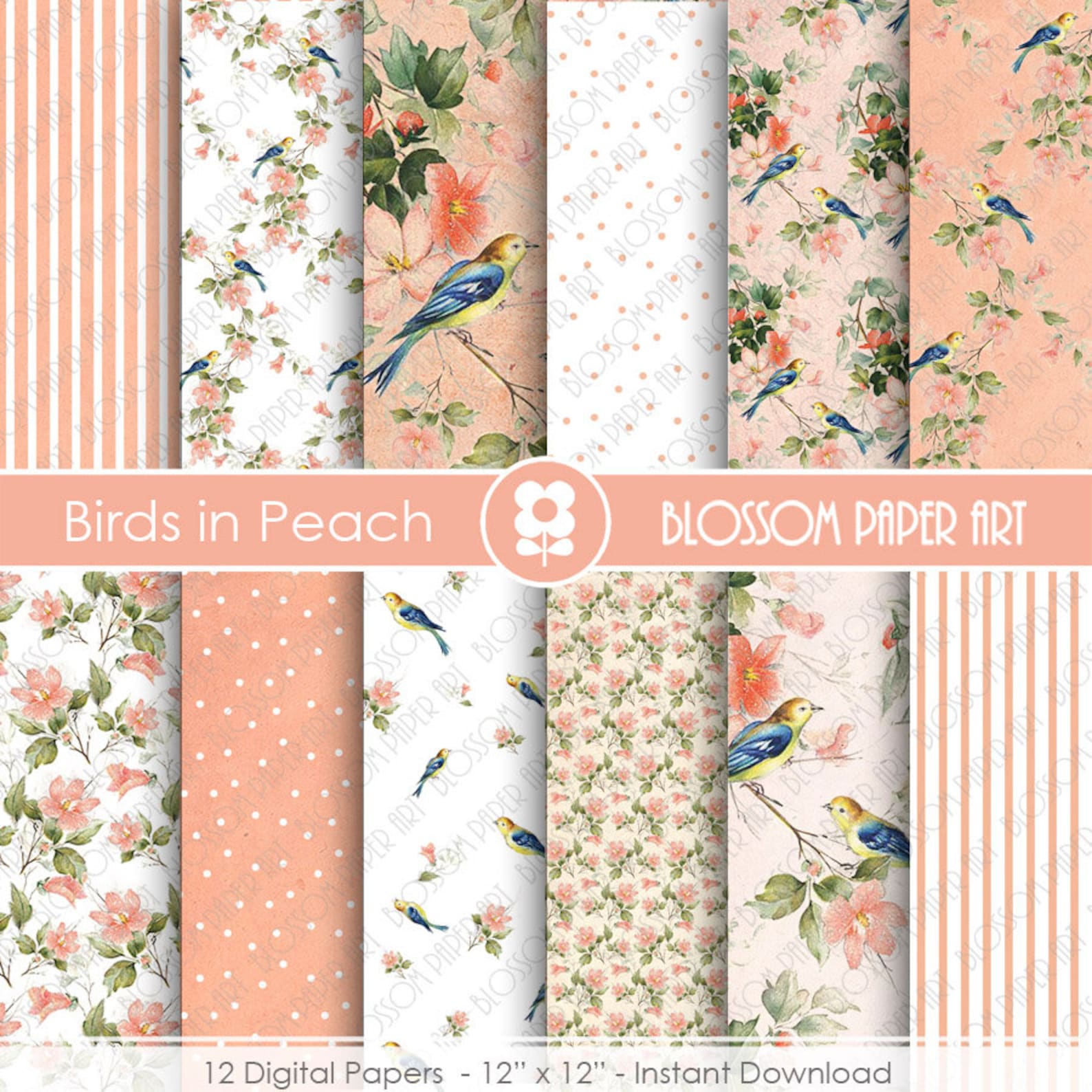 Digital Paper Birds Digital Paper Pack Peach Blue Birds - Etsy