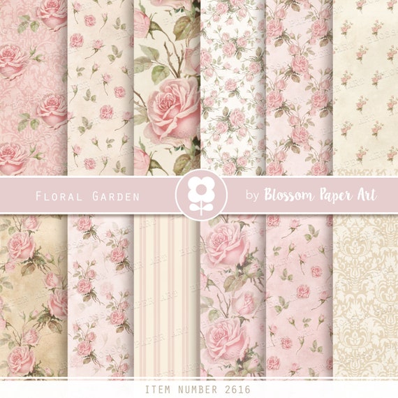 Baby Pink Vintage Floral Paper, Scrapbook digital Paper pack