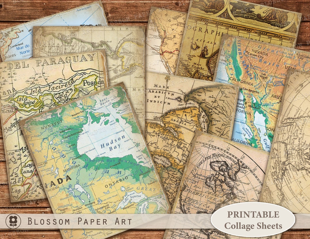 VINTAGE MAPS Printable Collage Sheet Junk Journal, Journaling Cards