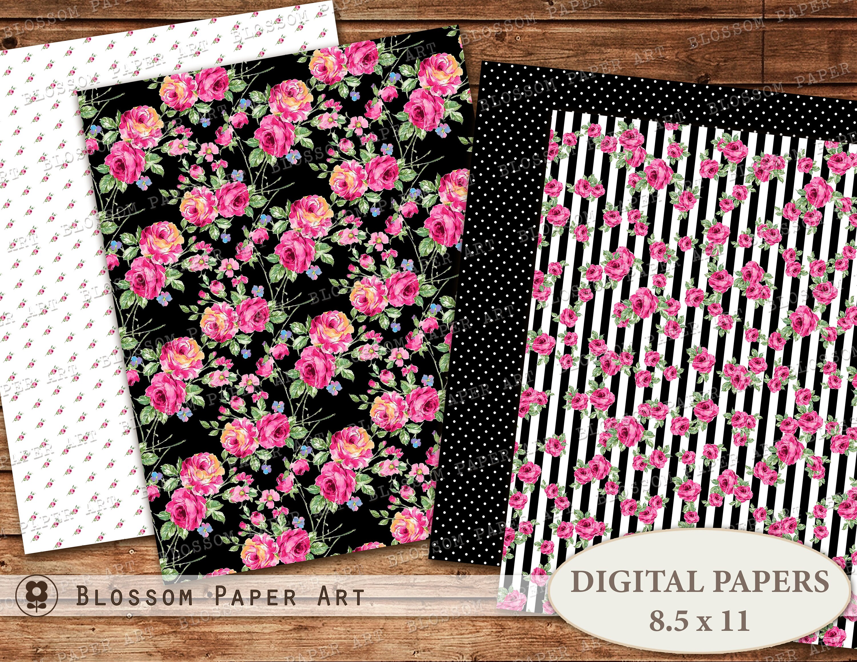 Pink and Black Digital Paper Scrapbook Paper Floral Collage Etsy