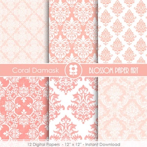 May include: Twelve digital papers with a coral damask pattern. The papers are 12 inches by 12 inches and are available for instant download. The text "Coral Damask" and "BLOSSOM PAPER ART" is included in the image.