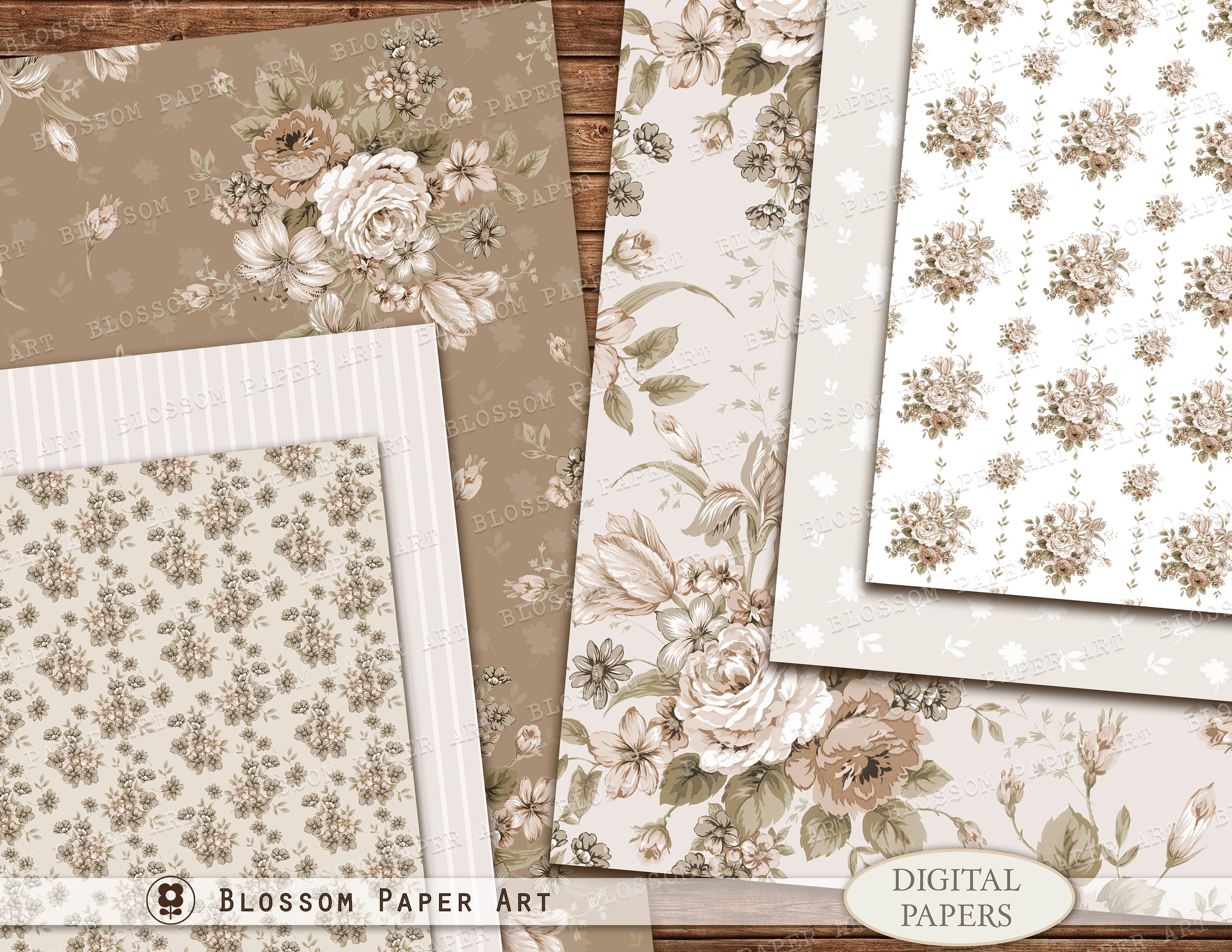 Brown Rose Victorian Digital Paper, Shabby Chic Scrapbook (digital ...