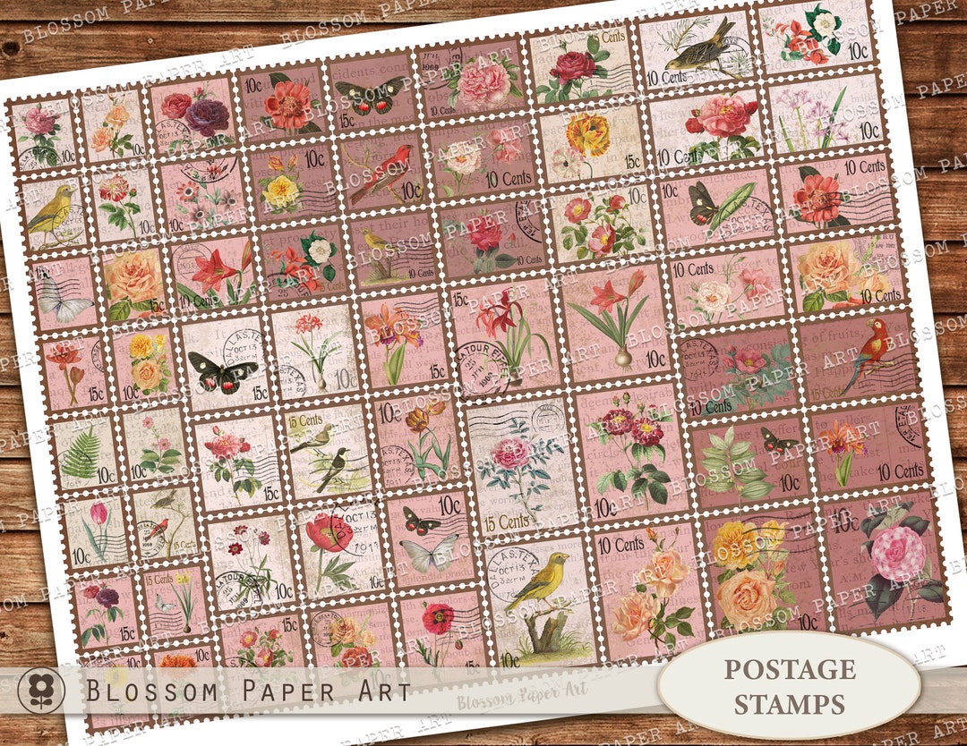 Printable Vintage Floral Postage Stamps, Junk Journal Ephemera (digital ...