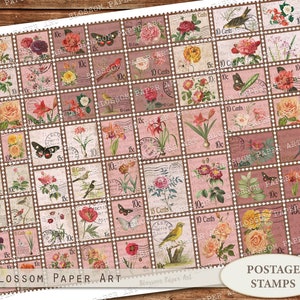 Imprimible sellos de correo hoja de collage, efímera de diario basura, flores de efímeras vintage, rosas, descarga digital, Scrapbooking 2510