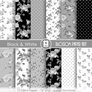 Black and White Floral Paper Rose Digital Paper Pack, Roses, Wedding, Scrapbooking, Roses, Vintage Roses - INSTANT DOWNLOAD  - 1894