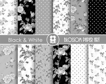 Black and White Floral Paper Rose Digital Paper Pack, Roses, Wedding, Scrapbooking, Roses, Vintage Roses - INSTANT DOWNLOAD  - 1894