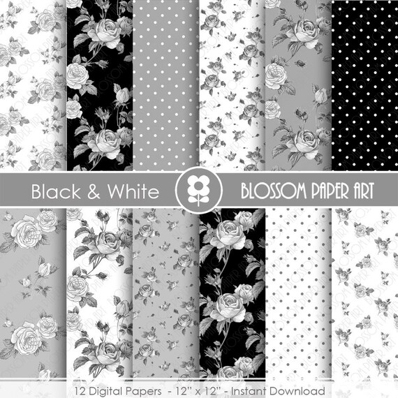 Schwarz Weiss Floral Papier Rose Digital Paper Pack Rosen Etsy