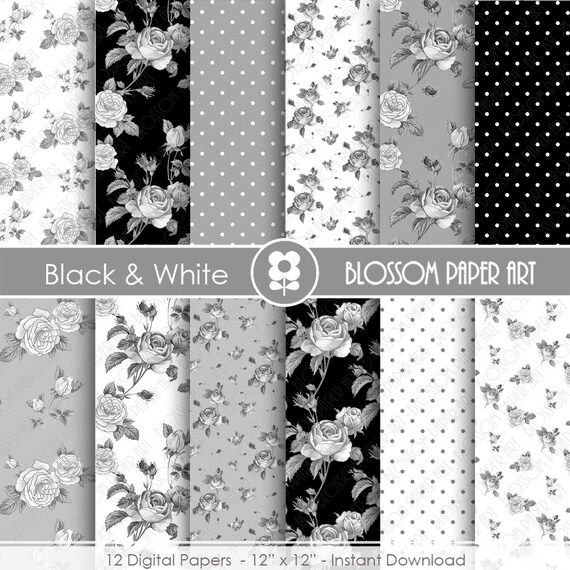 Black and White Floral Paper Rose Digital Paper Pack, Roses, Wedding,  Scrapbooking, Roses, Vintage Roses INSTANT DOWNLOAD 1894 