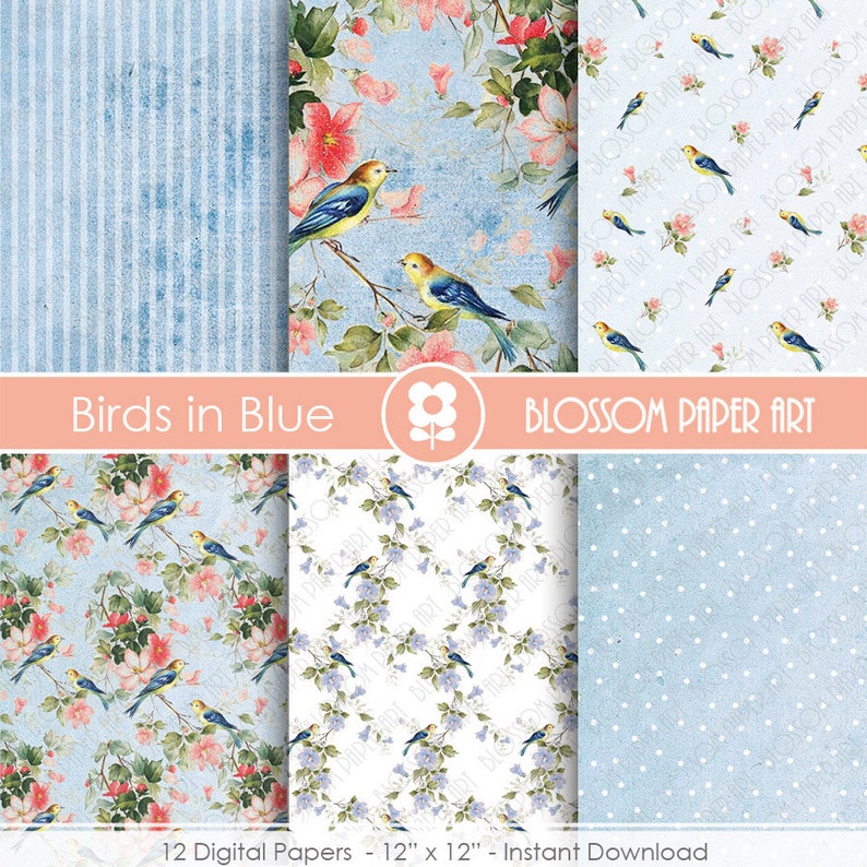 May include: Twelve digital papers featuring a blue and white striped pattern, a floral pattern with blue birds, a floral pattern with blue birds on a white background, and a blue background with white polka dots. The papers are 12 inches by 12 inches and are for instant download. The text "Birds in Blue" and "Blossom Paper Art" is included in the image.